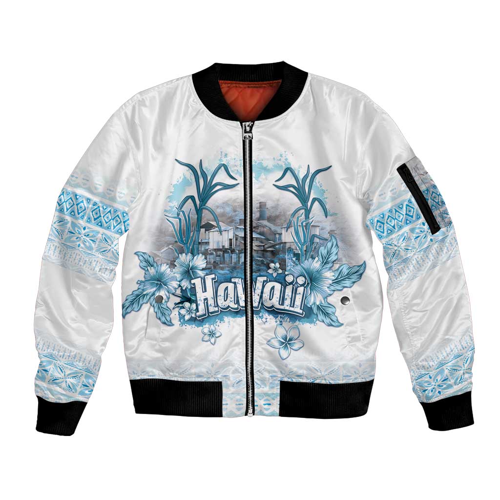 Hawaii Sugar Plantation Sleeve Zip Bomber Jacket With Hawaiian Tapa Pattern LT05 Unisex White - Polynesian Pride