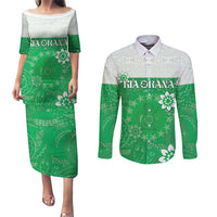 Cook Islands Maori Language Week Couples Matching Puletasi and Long Sleeve Button Shirt Pacific Tapa Pattern LT05 Green - Polynesian Pride