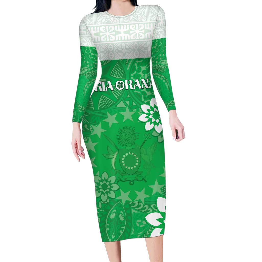 Cook Islands Maori Language Week Family Matching Long Sleeve Bodycon Dress and Hawaiian Shirt Pacific Tapa Pattern LT05 Mom's Dress Green - Polynesian Pride