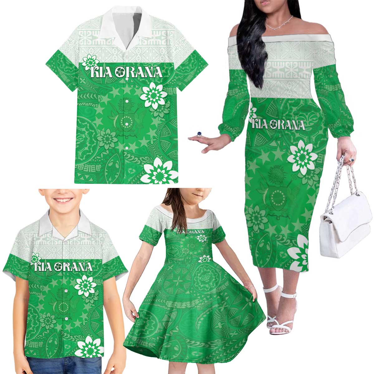 Cook Islands Maori Language Week Family Matching Off The Shoulder Long Sleeve Dress and Hawaiian Shirt Pacific Tapa Pattern LT05 - Polynesian Pride