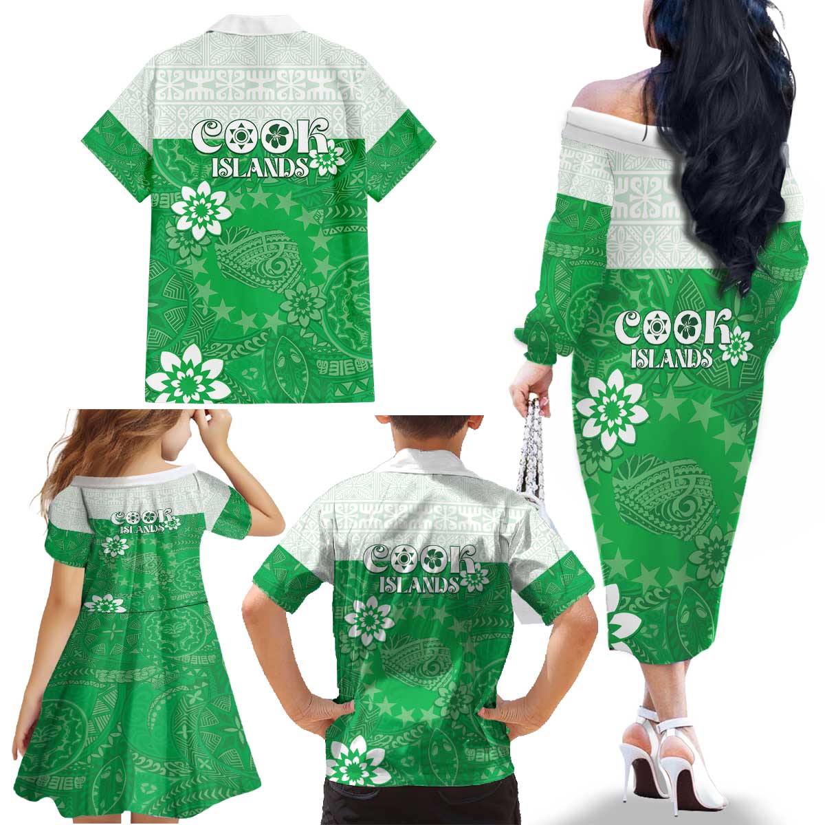 Cook Islands Maori Language Week Family Matching Off The Shoulder Long Sleeve Dress and Hawaiian Shirt Pacific Tapa Pattern LT05 - Polynesian Pride