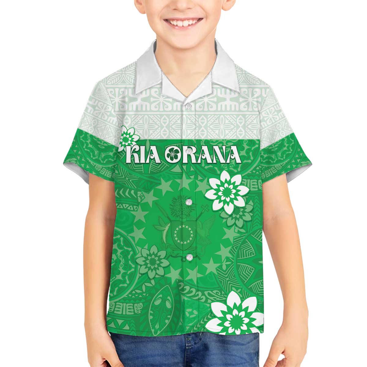 Cook Islands Maori Language Week Family Matching Off The Shoulder Long Sleeve Dress and Hawaiian Shirt Pacific Tapa Pattern LT05 Son's Shirt Green - Polynesian Pride
