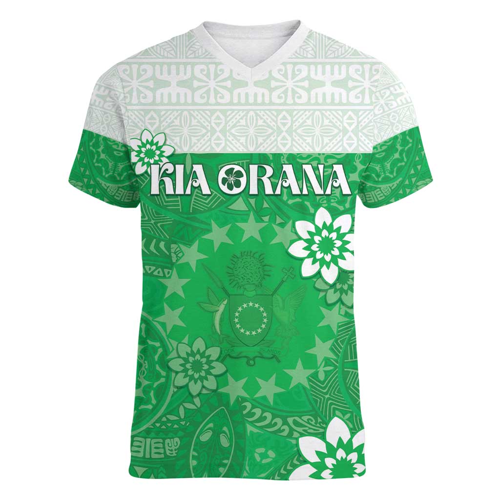 Cook Islands Maori Language Week Women V-Neck T-Shirt Pacific Tapa Pattern LT05 Female Green - Polynesian Pride