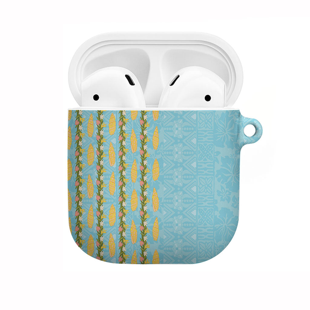 Hawaii Shell Tiare Anthurium Heliconia Lei AirPods Case With Tapa Pattern Baby Blue LT05 Blue - Polynesian Pride