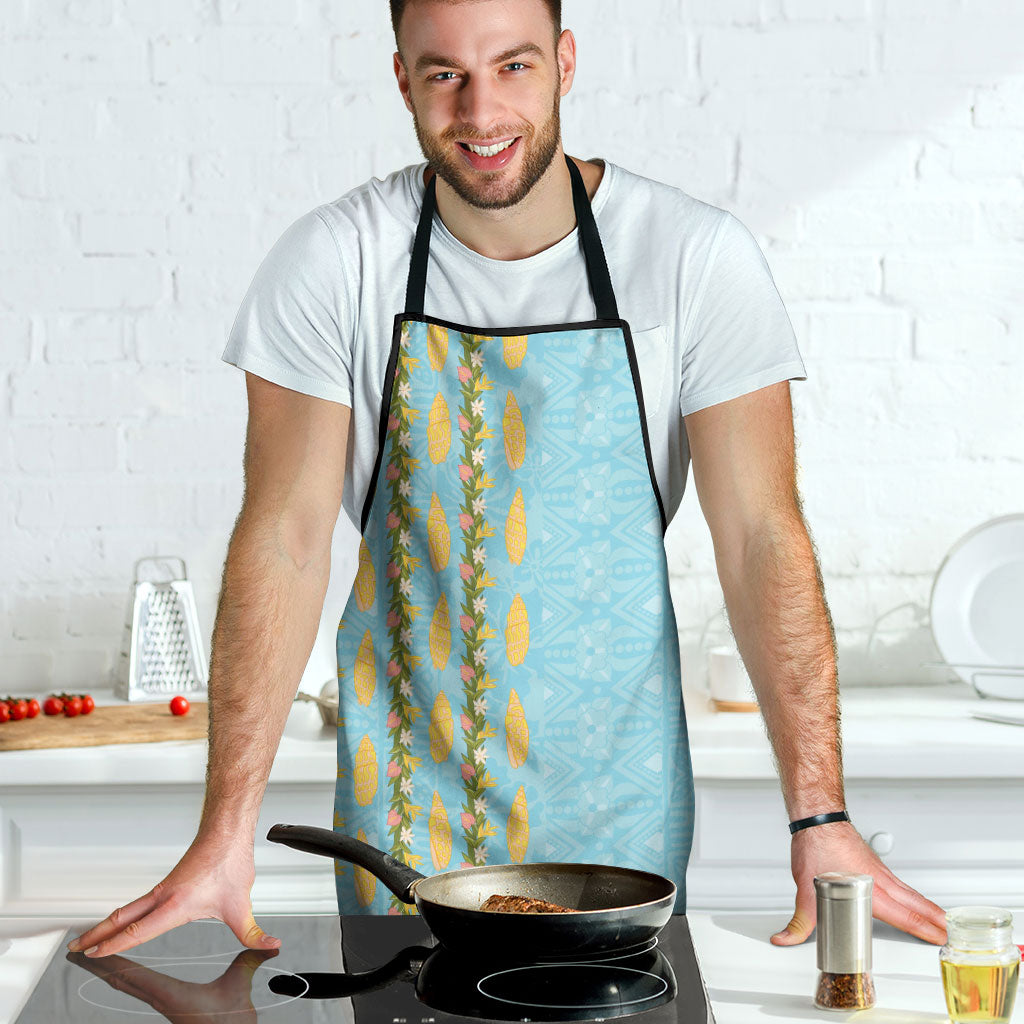 Hawaii Shell Tiare Anthurium Heliconia Lei Apron With Tapa Pattern Baby Blue LT05 - Polynesian Pride