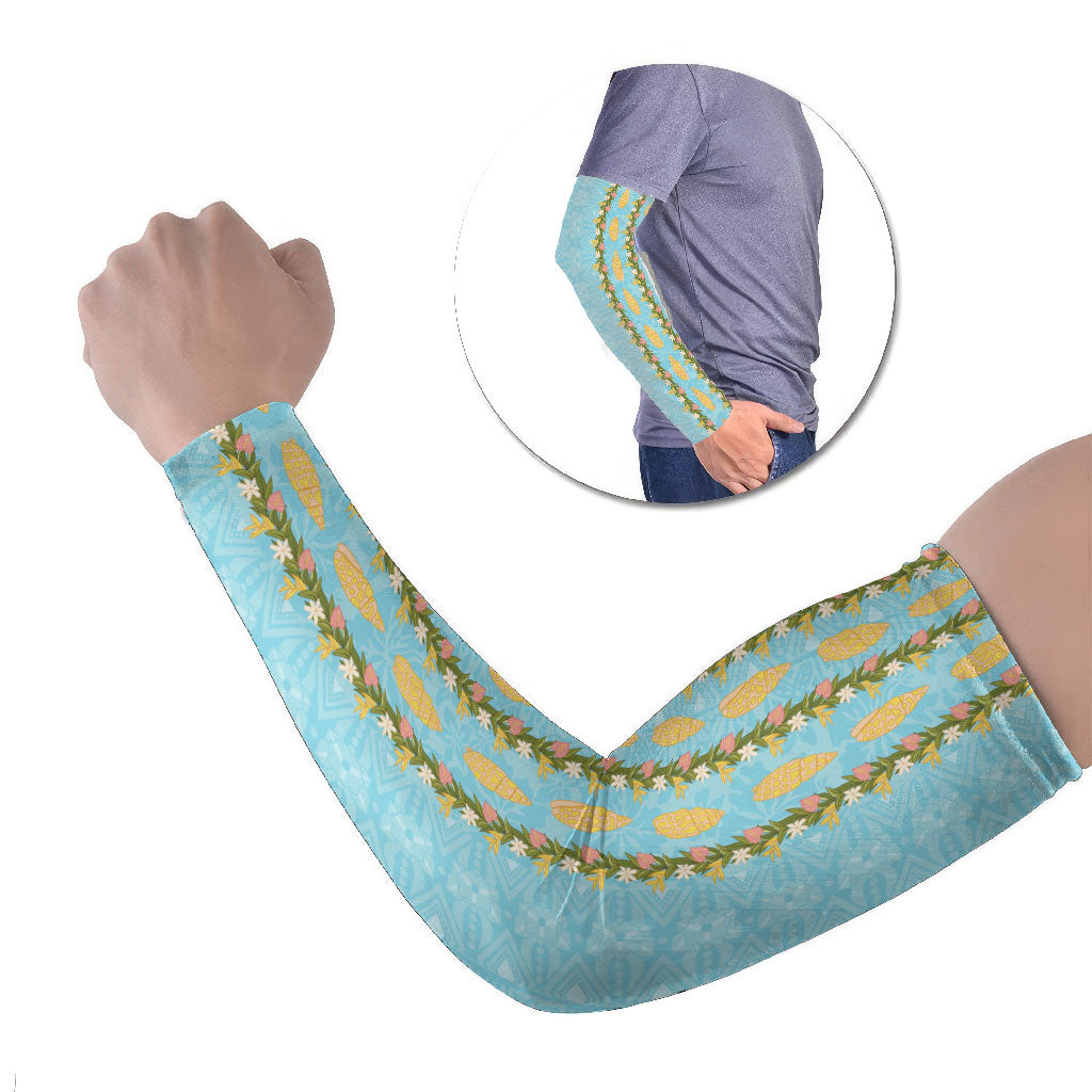 Hawaii Shell Tiare Anthurium Heliconia Lei Arm Sleeves With Tapa Pattern Baby Blue LT05 Set of 2 Blue - Polynesian Pride
