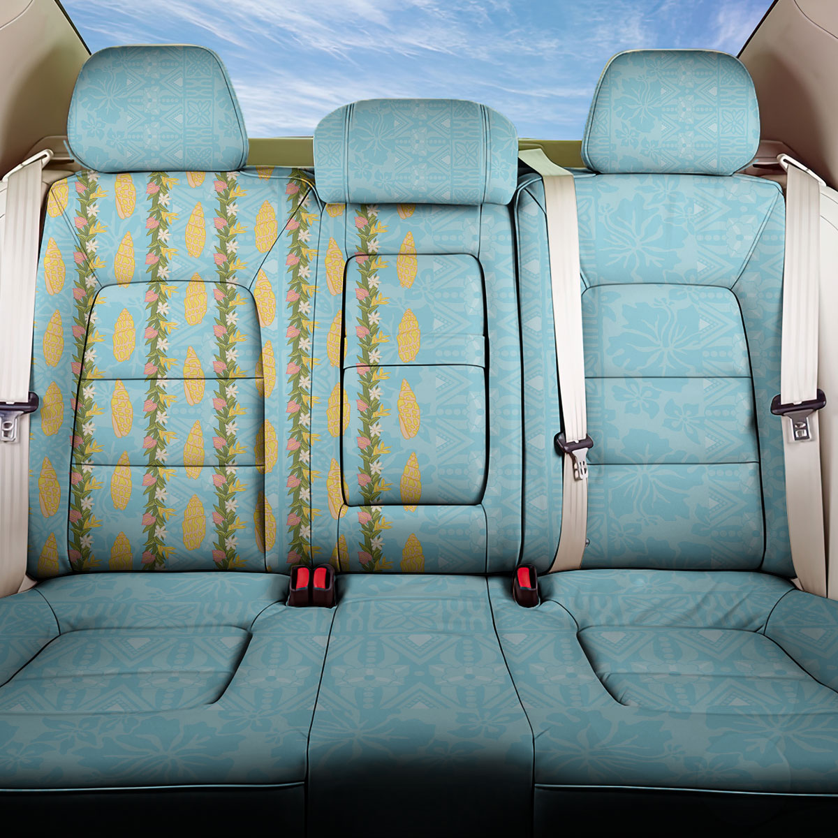 Hawaii Shell Tiare Anthurium Heliconia Lei Back Car Seat Cover With Tapa Pattern Baby Blue LT05 One Size Blue - Polynesian Pride