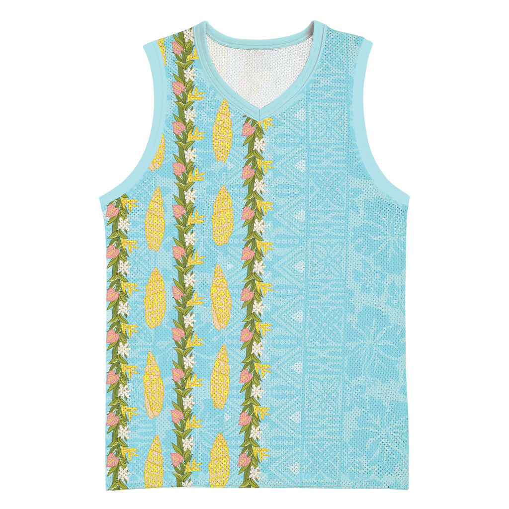 Hawaii Shell Tiare Anthurium Heliconia Lei Basketball Jersey With Tapa Pattern Baby Blue LT05 Unisex Blue - Polynesian Pride