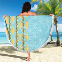 Hawaii Shell Tiare Anthurium Heliconia Lei Beach Blanket With Tapa Pattern Baby Blue