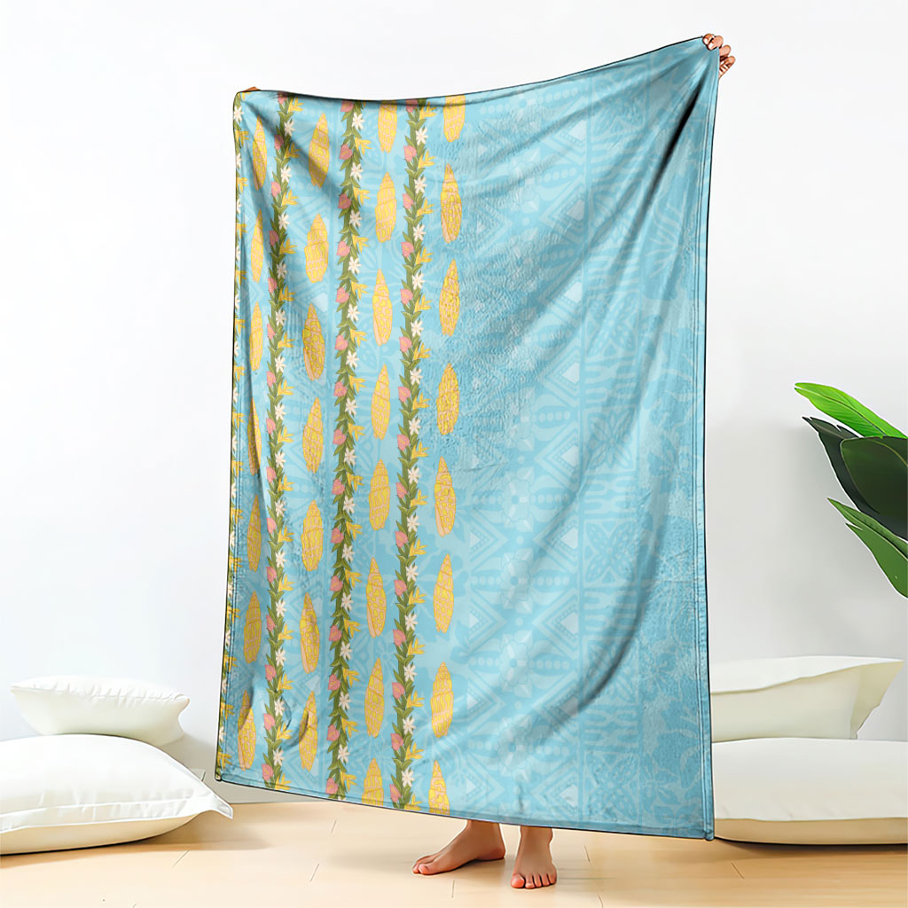 Hawaii Shell Tiare Anthurium Heliconia Lei Blanket With Tapa Pattern Baby Blue LT05 - Polynesian Pride