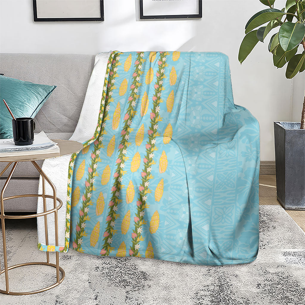 Hawaii Shell Tiare Anthurium Heliconia Lei Blanket With Tapa Pattern Baby Blue LT05 - Polynesian Pride