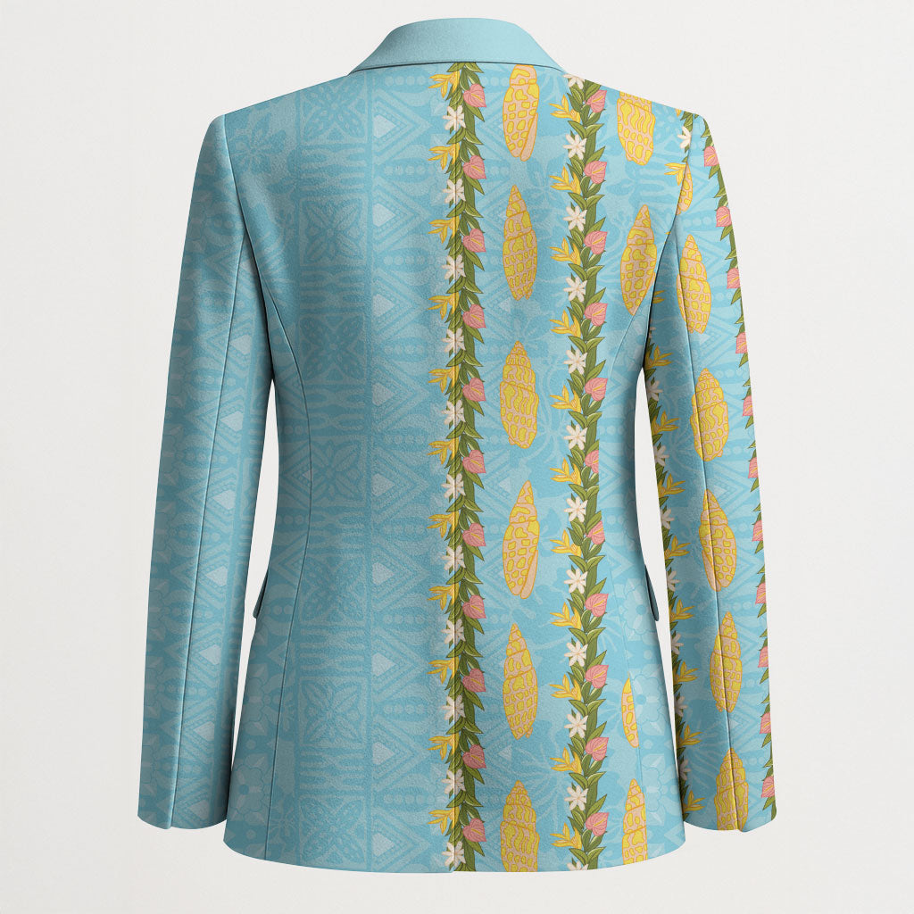 Hawaii Shell Tiare Anthurium Heliconia Lei Blazer With Tapa Pattern Baby Blue LT05 - Polynesian Pride
