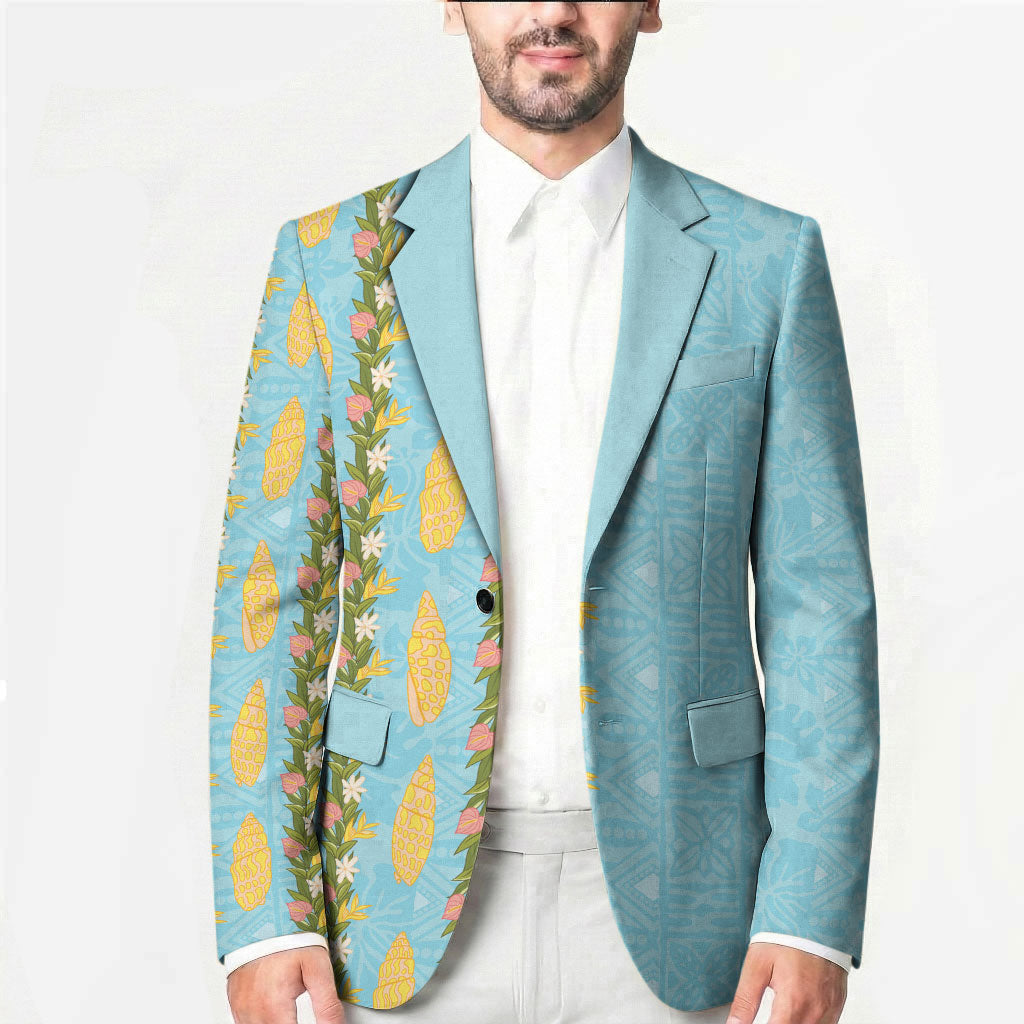 Hawaii Shell Tiare Anthurium Heliconia Lei Blazer With Tapa Pattern Baby Blue LT05 - Polynesian Pride