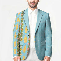 Hawaii Shell Tiare Anthurium Heliconia Lei Blazer With Tapa Pattern Baby Blue LT05 - Polynesian Pride
