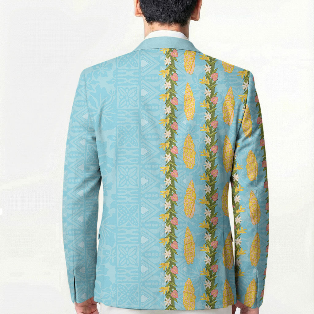 Hawaii Shell Tiare Anthurium Heliconia Lei Blazer With Tapa Pattern Baby Blue LT05 - Polynesian Pride