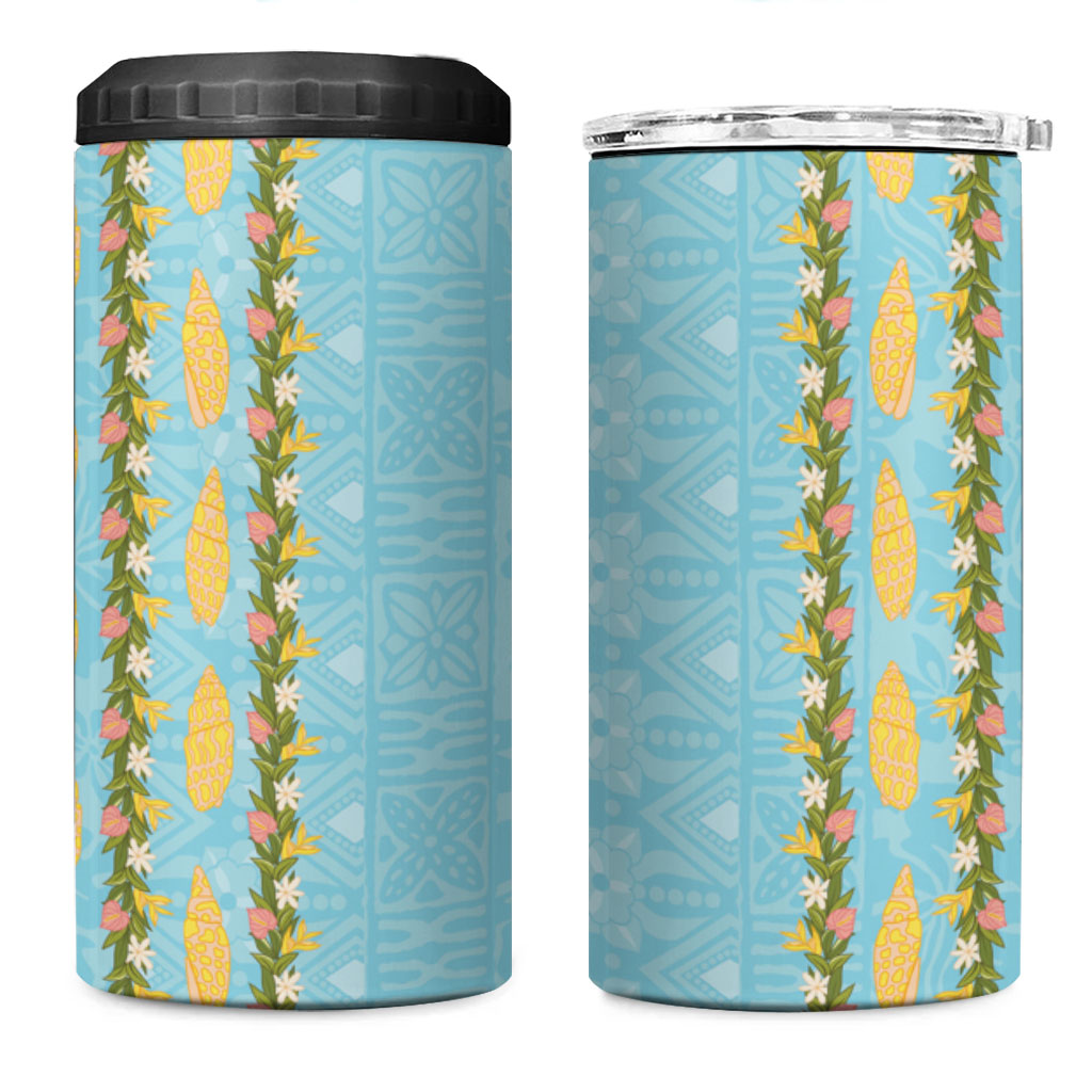 Hawaii Shell Tiare Anthurium Heliconia Lei 4 in 1 Can Cooler Tumbler With Tapa Pattern Baby Blue LT05 One Size: 16 oz Blue - Polynesian Pride