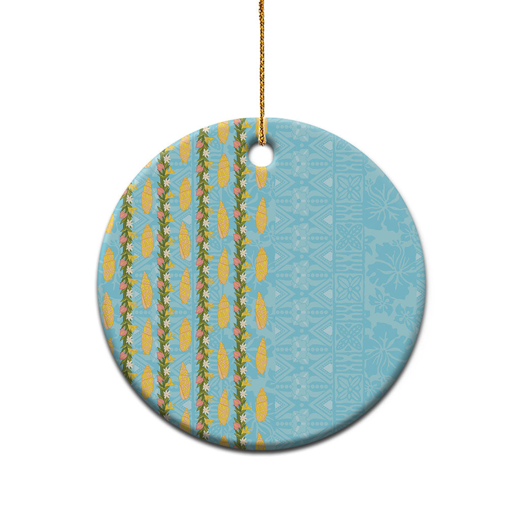 Hawaii Shell Tiare Anthurium Heliconia Lei Ceramic Ornament With Tapa Pattern Baby Blue