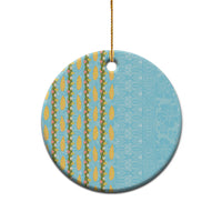 Hawaii Shell Tiare Anthurium Heliconia Lei Ceramic Ornament With Tapa Pattern Baby Blue
