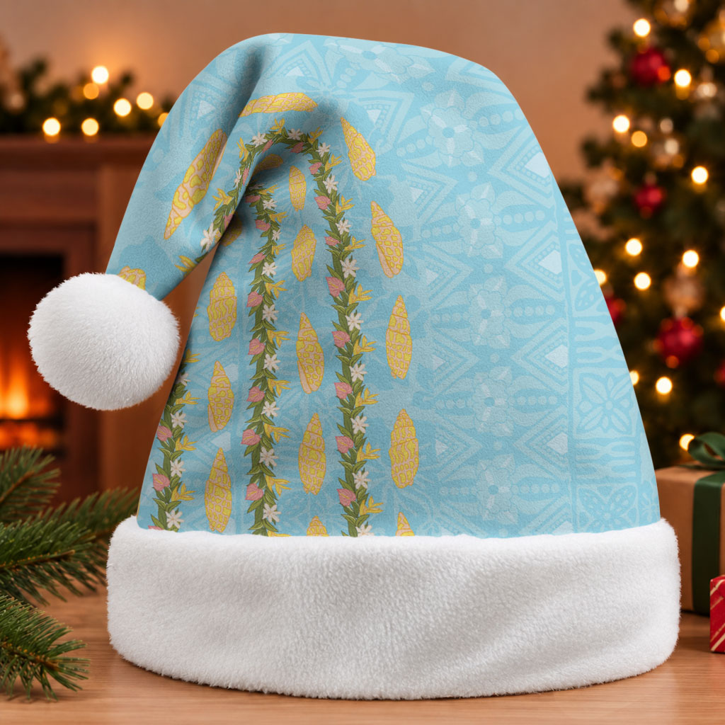 Hawaii Shell Tiare Anthurium Heliconia Lei Christmas Santa Hat With Tapa Pattern Baby Blue LT05 Without Fur Blue - Polynesian Pride