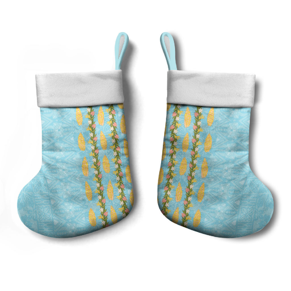 Hawaii Shell Tiare Anthurium Heliconia Lei Christmas Stocking With Tapa Pattern Baby Blue