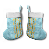 Hawaii Shell Tiare Anthurium Heliconia Lei Christmas Stocking With Tapa Pattern Baby Blue