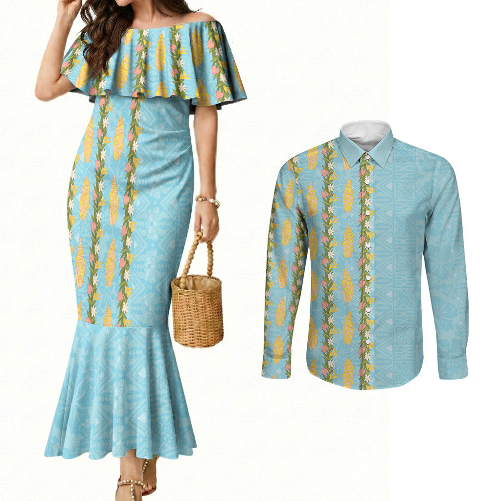 Hawaii Shell Tiare Anthurium Heliconia Lei Couples Matching Mermaid Dress and Long Sleeve Button Shirt With Tapa Pattern Baby Blue LT05 Blue - Polynesian Pride
