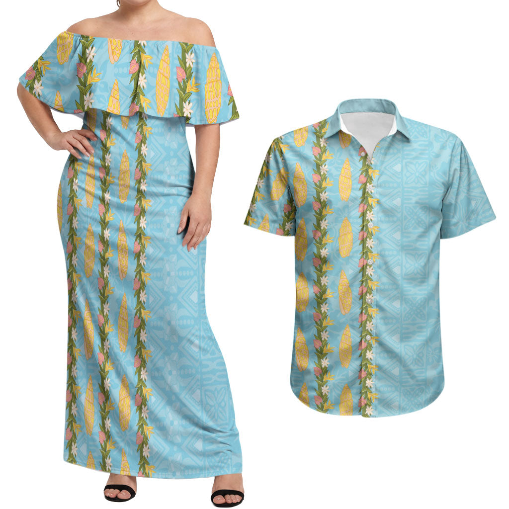 Hawaii Shell Tiare Anthurium Heliconia Lei Couples Matching Off Shoulder Maxi Dress and Hawaiian Shirt With Tapa Pattern Baby Blue LT05 Blue - Polynesian Pride