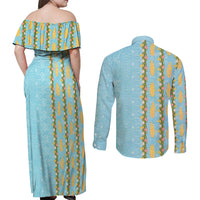 Hawaii Shell Tiare Anthurium Heliconia Lei Couples Matching Off Shoulder Maxi Dress and Long Sleeve Button Shirt With Tapa Pattern Baby Blue