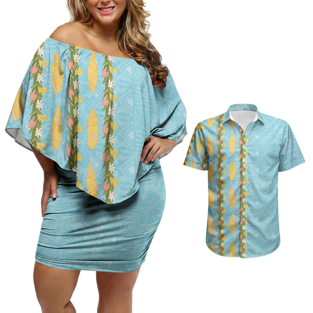 Hawaii Shell Tiare Anthurium Heliconia Lei Couples Matching Off Shoulder Short Dress and Hawaiian Shirt With Tapa Pattern Baby Blue LT05 Blue - Polynesian Pride