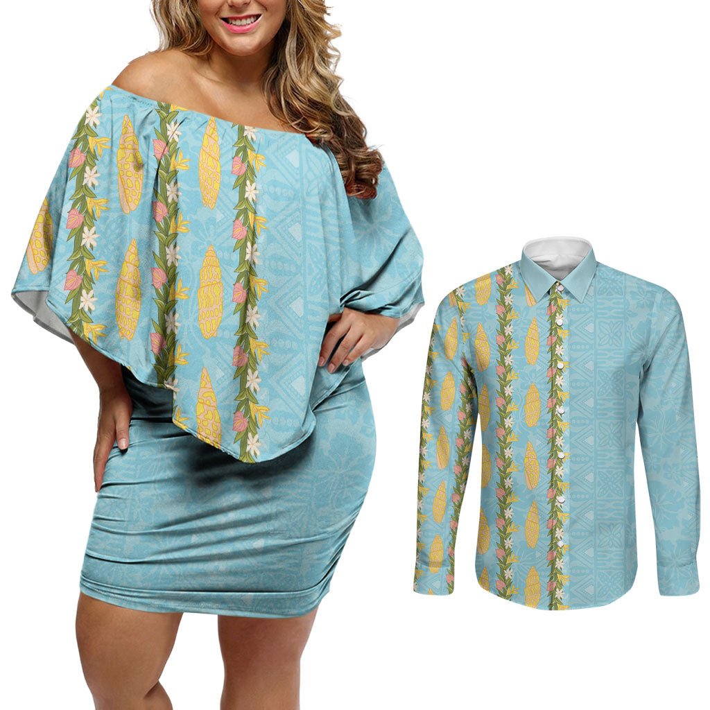 Hawaii Shell Tiare Anthurium Heliconia Lei Couples Matching Off Shoulder Short Dress and Long Sleeve Button Shirt With Tapa Pattern Baby Blue LT05 Blue - Polynesian Pride