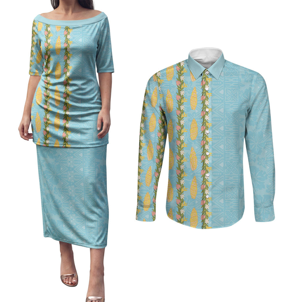 Hawaii Shell Tiare Anthurium Heliconia Lei Couples Matching Puletasi and Long Sleeve Button Shirt With Tapa Pattern Baby Blue LT05 Blue - Polynesian Pride