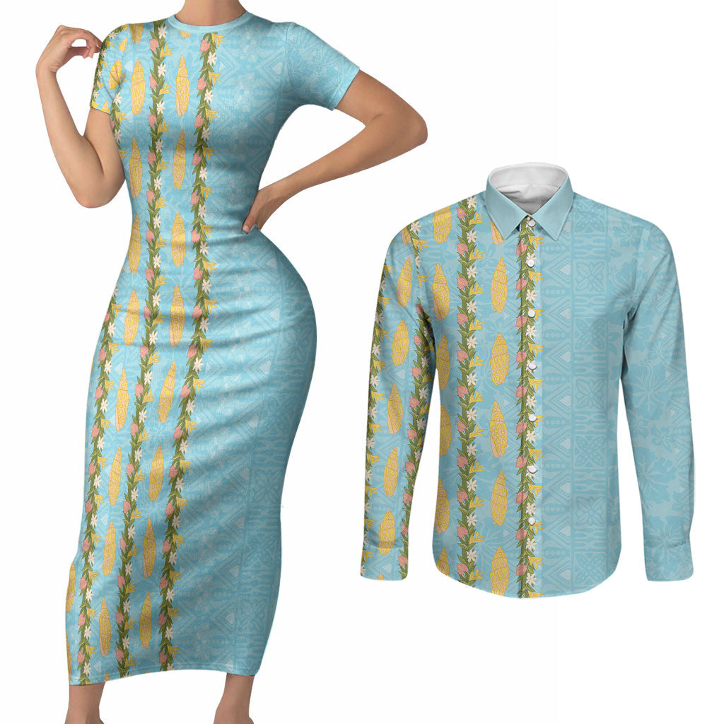 Hawaii Shell Tiare Anthurium Heliconia Lei Couples Matching Short Sleeve Bodycon Dress and Long Sleeve Button Shirt With Tapa Pattern Baby Blue LT05 Blue - Polynesian Pride