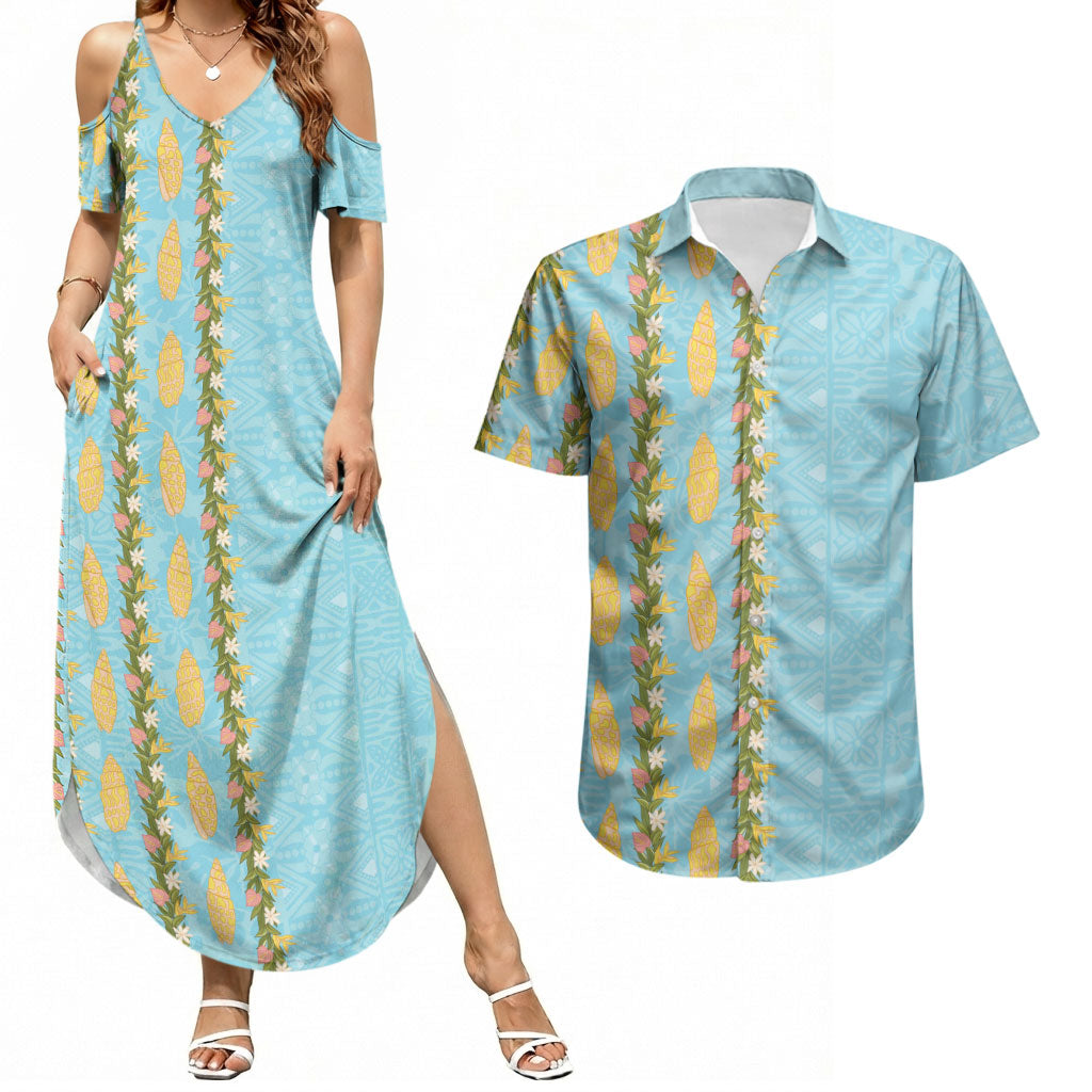 Hawaii Shell Tiare Anthurium Heliconia Lei Couples Matching Summer Maxi Dress and Hawaiian Shirt With Tapa Pattern Baby Blue LT05 Blue - Polynesian Pride