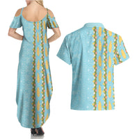 Hawaii Shell Tiare Anthurium Heliconia Lei Couples Matching Summer Maxi Dress and Hawaiian Shirt With Tapa Pattern Baby Blue