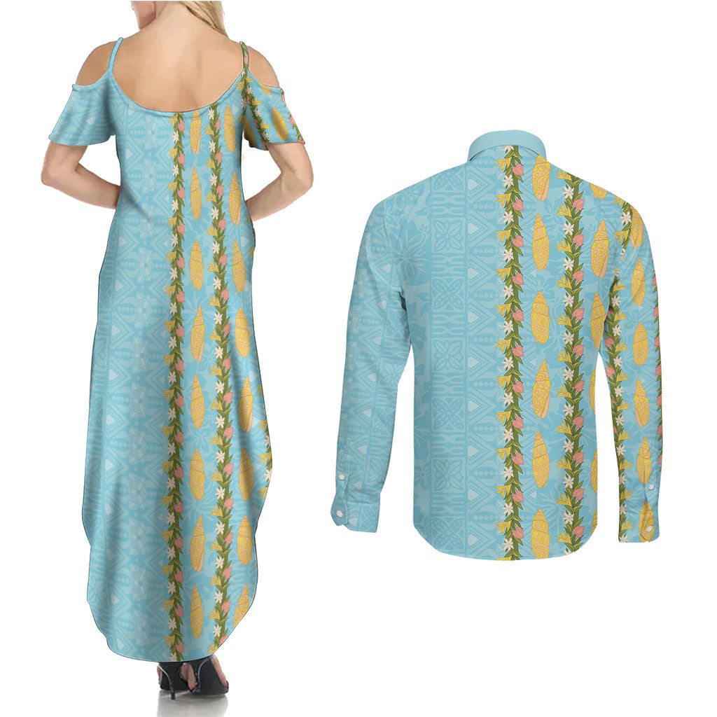 Hawaii Shell Tiare Anthurium Heliconia Lei Couples Matching Summer Maxi Dress and Long Sleeve Button Shirt With Tapa Pattern Baby Blue