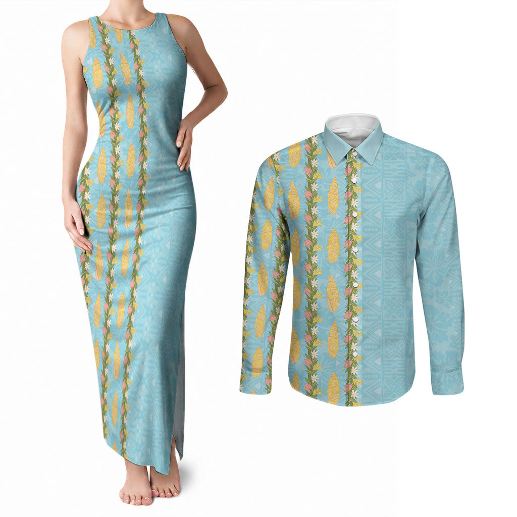 Hawaii Shell Tiare Anthurium Heliconia Lei Couples Matching Tank Maxi Dress and Long Sleeve Button Shirt With Tapa Pattern Baby Blue LT05 Blue - Polynesian Pride