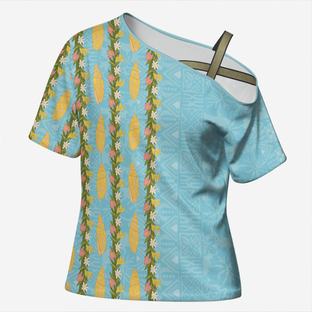Hawaii Shell Tiare Anthurium Heliconia Lei Cross Shoulder Shirt With Tapa Pattern Baby Blue LT05 Female Blue - Polynesian Pride