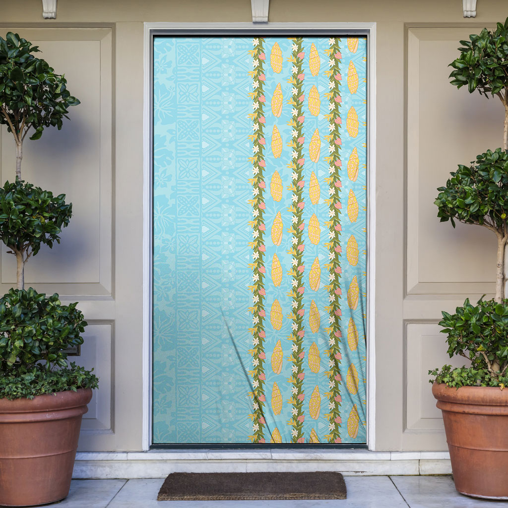Hawaii Shell Tiare Anthurium Heliconia Lei Door Cover With Tapa Pattern Baby Blue LT05 Blue - Polynesian Pride