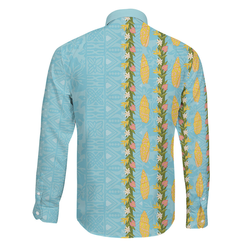Hawaii Shell Tiare Anthurium Heliconia Lei Family Matching Long Sleeve Bodycon Dress and Hawaiian Shirt With Tapa Pattern Baby Blue