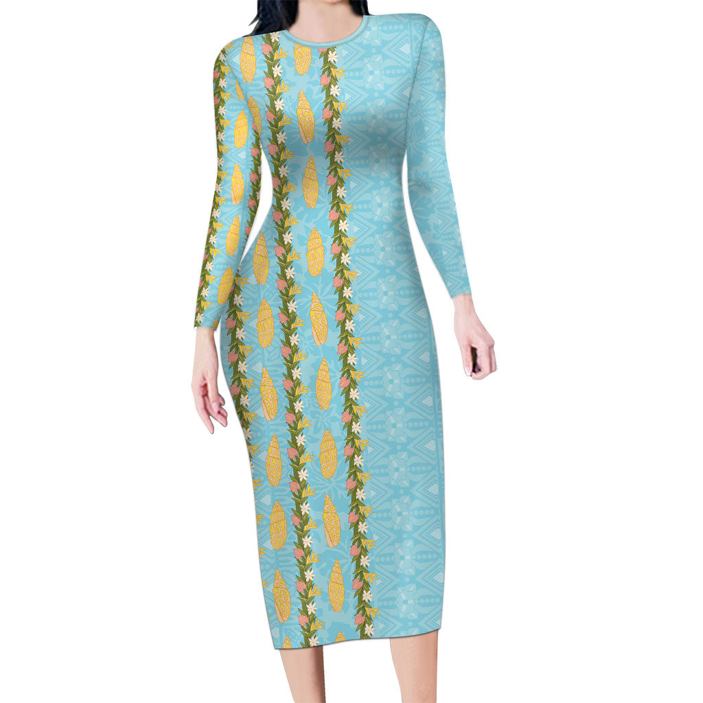 Hawaii Shell Tiare Anthurium Heliconia Lei Family Matching Long Sleeve Bodycon Dress and Hawaiian Shirt With Tapa Pattern Baby Blue