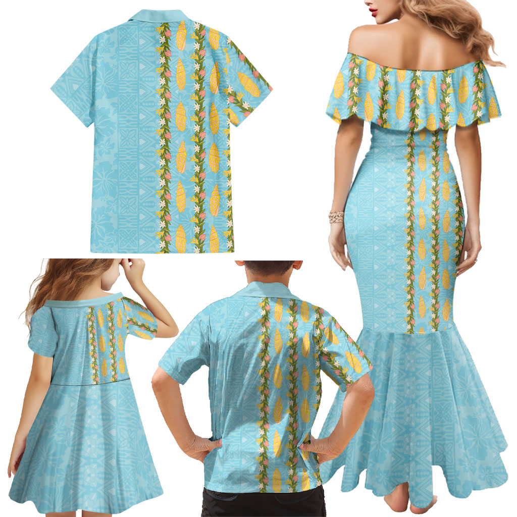 Hawaii Shell Tiare Anthurium Heliconia Lei Family Matching Mermaid Dress and Hawaiian Shirt With Tapa Pattern Baby Blue