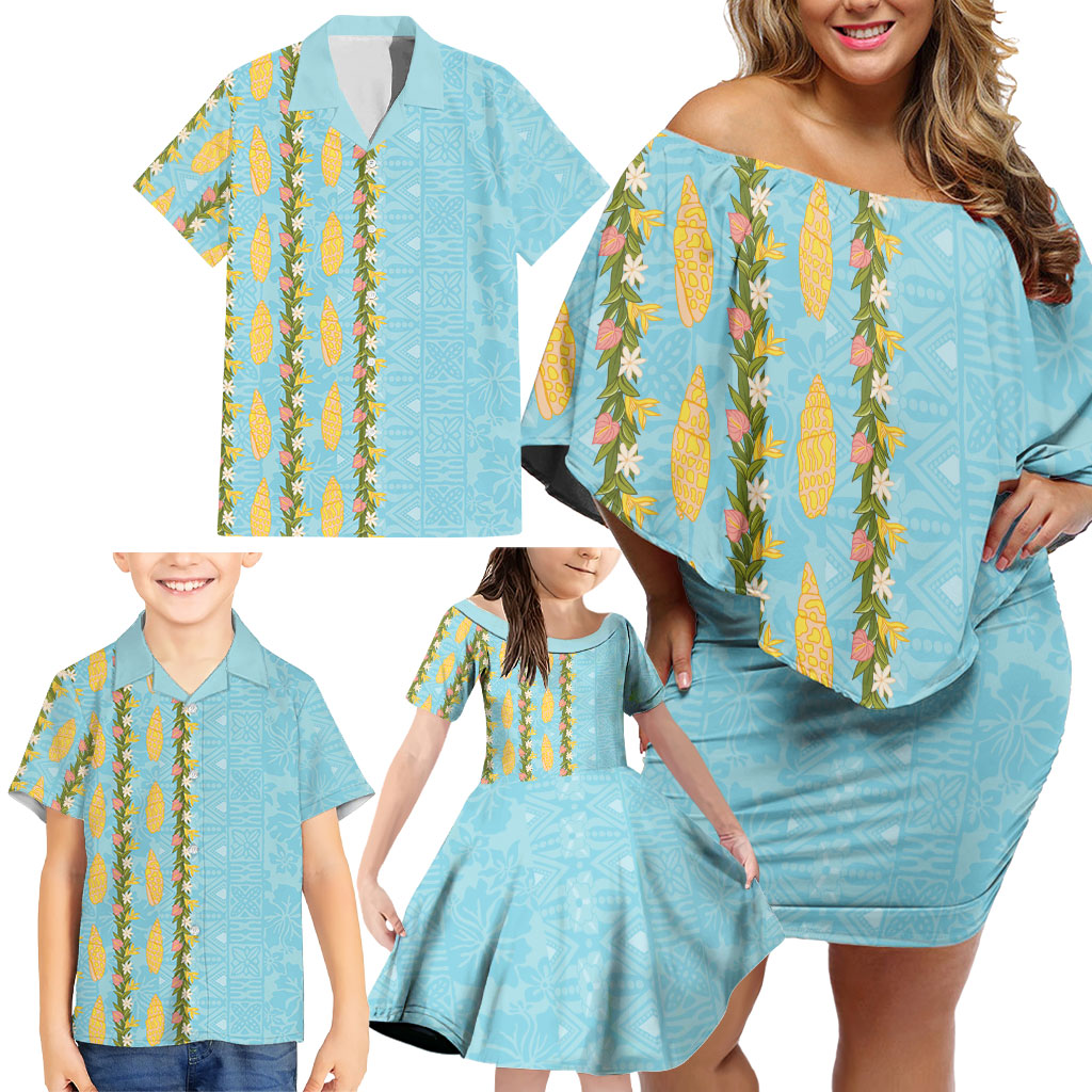 Hawaii Shell Tiare Anthurium Heliconia Lei Family Matching Off Shoulder Short Dress and Hawaiian Shirt With Tapa Pattern Baby Blue