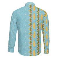 Hawaii Shell Tiare Anthurium Heliconia Lei Family Matching Off Shoulder Short Dress and Hawaiian Shirt With Tapa Pattern Baby Blue