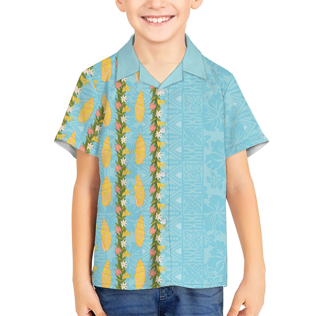 Hawaii Shell Tiare Anthurium Heliconia Lei Family Matching Off Shoulder Short Dress and Hawaiian Shirt With Tapa Pattern Baby Blue