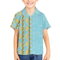 Hawaii Shell Tiare Anthurium Heliconia Lei Family Matching Puletasi and Hawaiian Shirt With Tapa Pattern Baby Blue