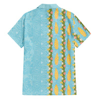 Hawaii Shell Tiare Anthurium Heliconia Lei Family Matching Summer Maxi Dress and Hawaiian Shirt With Tapa Pattern Baby Blue