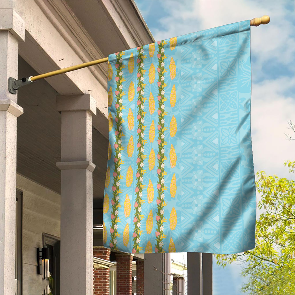 Hawaii Shell Tiare Anthurium Heliconia Lei Garden Flag With Tapa Pattern Baby Blue LT05 House Flag Blue - Polynesian Pride
