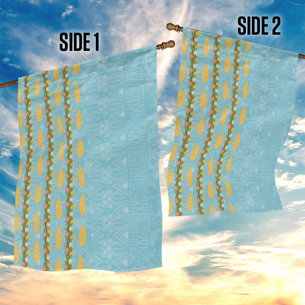 Hawaii Shell Tiare Anthurium Heliconia Lei Garden Flag With Tapa Pattern Baby Blue