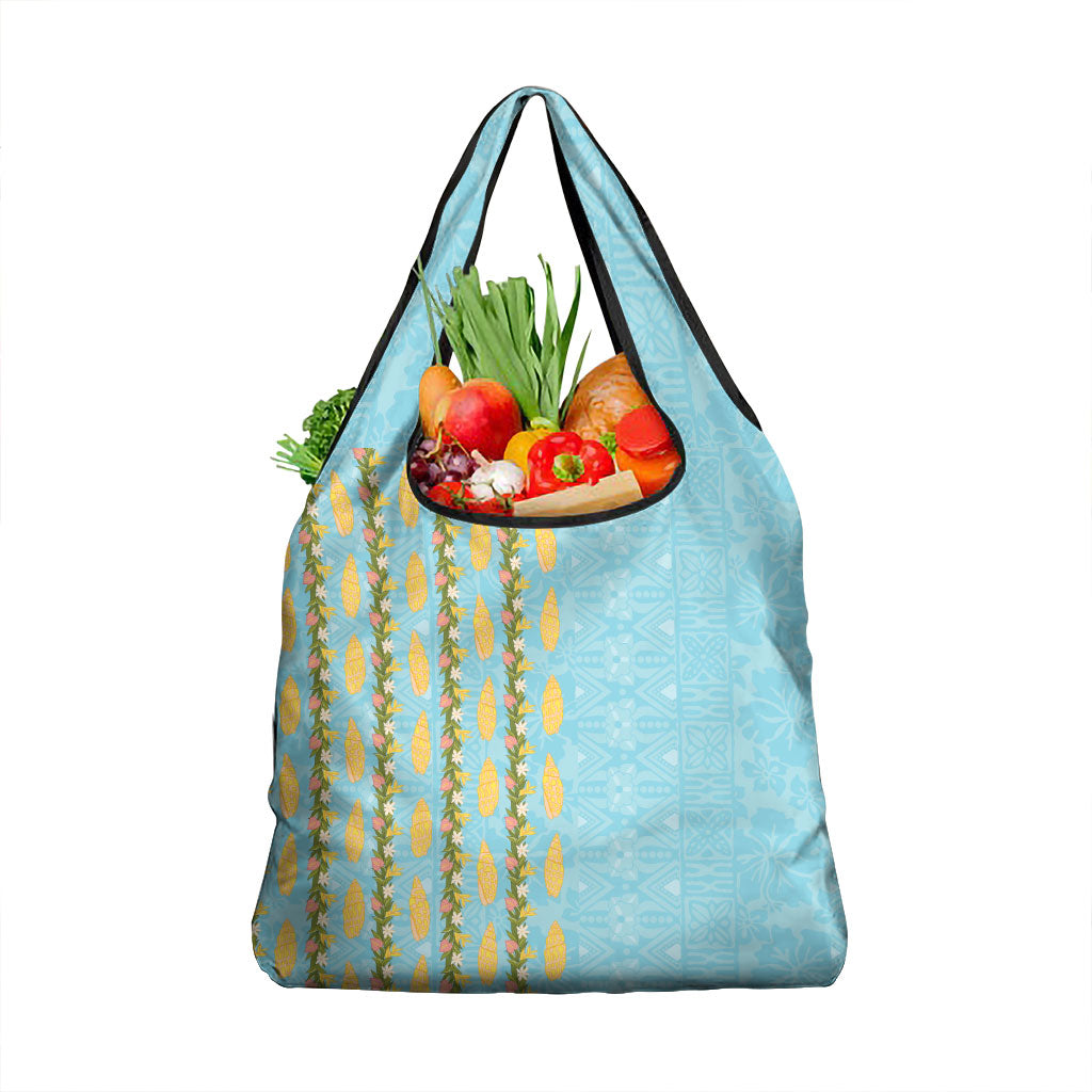 Hawaii Shell Tiare Anthurium Heliconia Lei Grocery Bag With Tapa Pattern Baby Blue LT05 1-pack One Size Blue - Polynesian Pride
