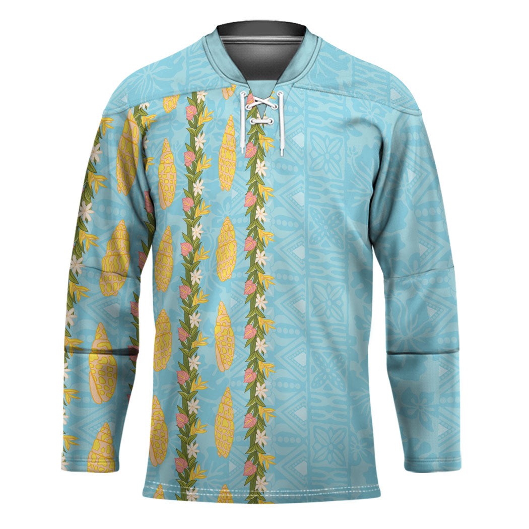 Hawaii Shell Tiare Anthurium Heliconia Lei Hockey Jersey With Tapa Pattern Baby Blue LT05 Unisex Blue - Polynesian Pride